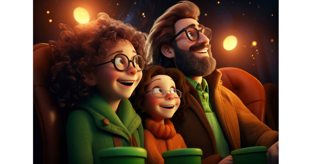 Un père et ses enfants au cinéma, réjouis.